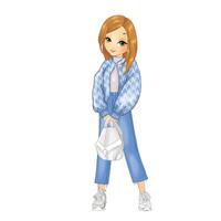 Girl in blue bomber jacket holding backpack vector