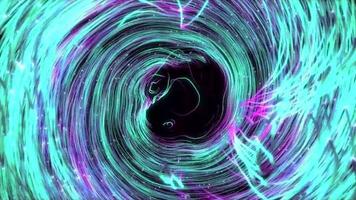 Camera flying through a magical turquoise pink particle portal. Movement through a rotating tunnel of neon curves.mp4 video