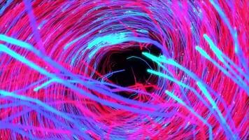 Camera flying through a blue and red particle portal. Movement through a rotating tunnel of neon curves.mp4 video