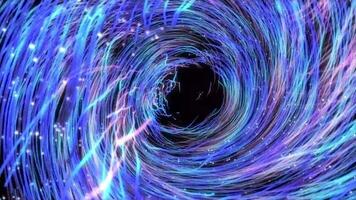 flygande de kamera genom en magisk partikel portal. rörelse genom en roterande tunnel av neon kurvor..mp4 video