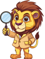 Lion - une Lion avec détective équipement dessin animé sur une transparent Contexte png
