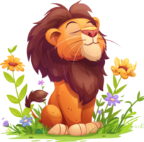 A gardener lion with a garden illustration png