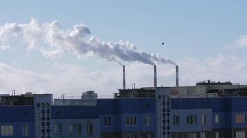 timelapse van dik wit rook komt eraan uit van schoorstenen van thermisch macht fabriek video