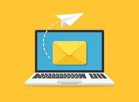 Laptop with envelope icon in flat style. Computer illustration on isolated background. Email notification sign business concept. vector