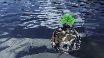 3D illustration of Planet Earth globe floating over sea water with a tree at the top video