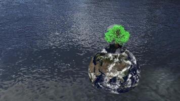 3D illustration of Planet Earth globe floating over ocean water with a tree at the top video