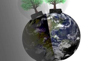 3D illustration of mirror Planet Earth globe floating with a tree at the top video