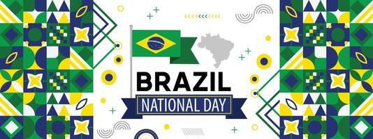 Brasil nacional día bandera con brasileño bandera colores tema antecedentes y geométrico resumen retro moderno verde blanco diseño. vector