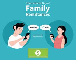 illustration graphic of a husband transfers money to his wife via smartphone, perfect for international day, family remittances, celebrate, greeting card, etc. vector