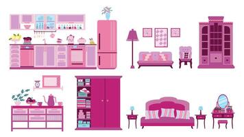 Set of pink furniture and accessories for a cozy dollhouse with a bedroom, living room and kitchen, illustration in a flat cartoon style. vector