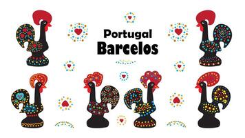 A set of roosters - symbols of the Portuguese city of Barcelos and design elements, for souvenirs and tourist business. vector