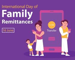 ilustración gráfico de un padre transferencias dinero a su esposa y niños vía teléfono inteligente, Perfecto para internacional día, familia remesas, celebrar, saludo tarjeta, etc. vector