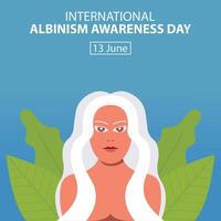 ilustración gráfico de un mujer con largo cabello, demostración un antecedentes de verde hojas, Perfecto para internacional día, albinismo conciencia día, celebrar, saludo tarjeta, etc. vector