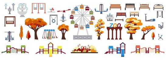 conjunto de infraestructura elementos para un patio de recreo y un diversión parque. íconos en un plano dibujos animados estilo vector