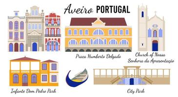 Set of symbols of Aveiro, Portuguese Venice. Architectural sights of the colorful European city of Aveiro, flat illustration for banners, souvenir cards, print on mugs and plates. vector