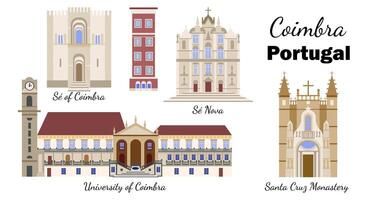 Set with the Sights of Coimbra University Campus in Portugal. Architectural sights and symbols of Coimbra, flat-style illustration, for banners, souvenir cards, printing on mugs and plates. vector