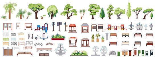 Collection of icons of urban and park infrastructure with romantic gazebos, trees, bushes, palm trees, benches, swings, signs. Big set Urban environment of a European city and public park. vector