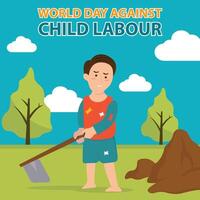 ilustración gráfico de un niño trabajos con un azada, Perfecto para internacional día, mundo día en contra niño mano de obra, celebrar, saludo tarjeta, etc. vector