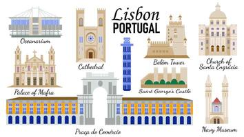 conjunto de símbolos y arquitectónico puntos de referencia de Lisboa Portugal, para el diseño de recuerdos para turistas y viajeros, íconos plano estilo vector