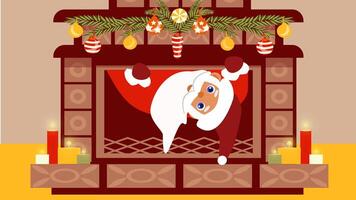 Santa Claus looks out of the fireplace decorated with a Christmas garland and candles, a festive xmas illustration in a flat style, a greeting card for winter holidays. vector