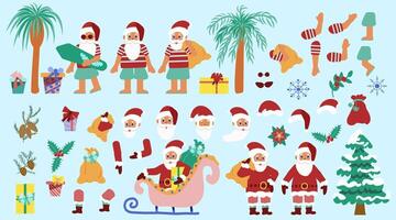 Classic and tropical Santa Claus design, Christmas in Hawaii and Santa Claus in shorts, New Year's character and Xmas elements in a flat style. vector