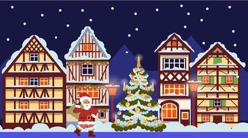 Papa Noel claus camina mediante un Nevado europeo ciudad con antiguo madera casas y un decorado Navidad árbol, un festivo Navidad ilustración en un plano estilo, un saludo tarjeta para invierno vacaciones. vector