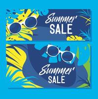 Summer flat banner summer discounts place for your text poster in bright juicy sunny and blue colors abstract plants and summer accessories vector
