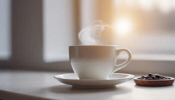 un caliente taza de café en un platillo, conjunto en contra un blanco fondo, fundición un sutil sombra. foto