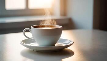 Mañana café. un blanco taza lleno con humeante café descansa en un limpiar blanco mesa, fundición un sutil sombra. creando un sereno Mañana escena. foto