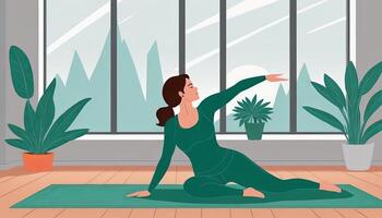 Woman, yoga practice near sofa, leggings and top attire. Bright room, large window, floor-standing flower. photo