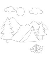 Unique Camping coloring page for kids and adults. camping coloring book page for children. vector