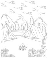 Unique Camping coloring page for kids and adults. camping coloring book page for children. vector