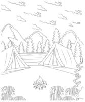 Unique Camping coloring page for kids and adults. camping coloring book page for children. vector
