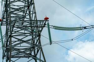 High voltage towers with sky background. Power line support with wires for electricity transmission. High voltage grid tower with wire cable at distribution station. Energy industry, energy saving photo