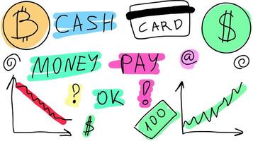 Doodle Set. Money, dollars, bitcoin, finance. Illustration. vector