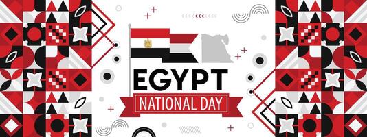 Egipto nacional día bandera para independencia día. egipcio bandera, mapa y moderno geométrico resumen diseño. rojo blanco negro tema vector