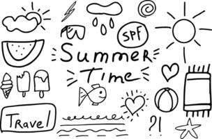 verano conjunto garabatear sol, hielo crema, sandía, anteojos, pez, mar estrella, lluvia, relámpago vector