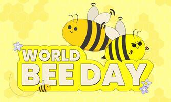 Cute Word Bee Day Illustration Greetings Banner. Two cartoon honeybee and bumble bee buzzing and flying around on a honey hive patterned background. vector