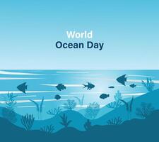 World oceans day design with underwater ocean shark coral sea plants stingray and turtle 8 June world ocean day banner poster card flat illustration vector