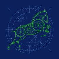 graphic of futuristic horse blueprint with tech element vector
