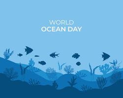 World oceans day design with underwater ocean shark coral sea plants stingray and turtle 8 June world ocean day banner poster card flat illustration vector