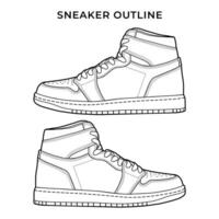 Sneakers shoe white and black color with outline. Sneaker side view flat design concept. Icon logo illustration. vector