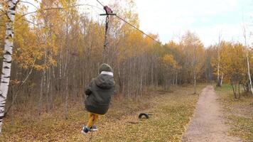 A boy's dangerous descent on a zip line. a boy rides a zip line in the fall. video