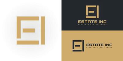 Abstract initial square letter EI or IE logo in luxury gold color isolated on multiple background colors. The logo is suitable for property realty group company logo design inspiration templates. vector