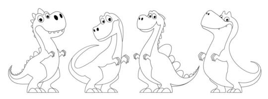 Set of cute dinosaurs, black lines coloring book. A funny and amusing dinosaur with a quirky look and yellow scales poses. Prehistoric, primitive animal depicted for children, cards and prints. vector