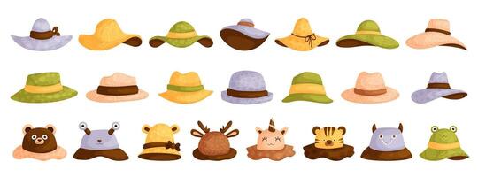 Cartoon hats. Female,male and kids headwear, derby and cowboy, straw hat, panama. Summer women vintage fashion hats set. Illustration female,male and Kids accessory hat. vector