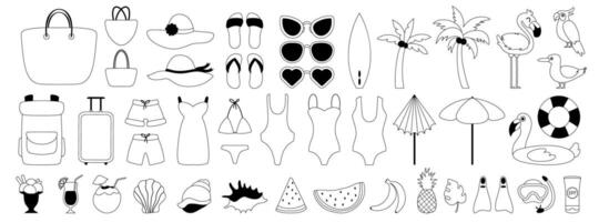 Large set of elements on the theme of summer, travel and vacation. Black line icons. Swimsuits, shells and summer drinks. Hats, sunglasses and bags for the beach. Watermelon, banana and pineapple. vector