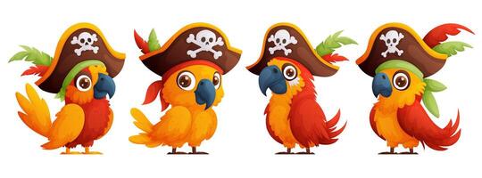 Set of cartoon pirate birds in a ship captains hat. A cute and bright parrot in a large pirate hat. illustration. vector