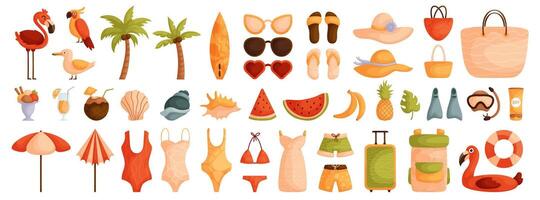 Large set of elements on the theme of summer, travel and vacation. Flat cartoon. Swimsuits, shells and summer drinks. Hats, sunglasses and bags for the beach. Watermelon, banana and pineapple. vector