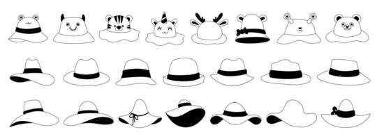 Black line icons.. Female,male and kids headwear, derby and cowboy, straw hat, panama. Summer women vintage fashion hats set. Illustration female,male and Kids accessory hat. vector